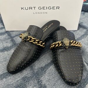 Kurt Geiger Black Studded Leather Chain-Trim Mule Loafers -New in original box.